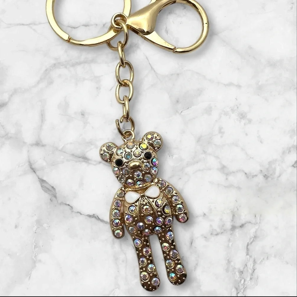 Gold Toned Coquette 2” Teddy Bear Keychain with Iridescent Rhinestones and Bow
